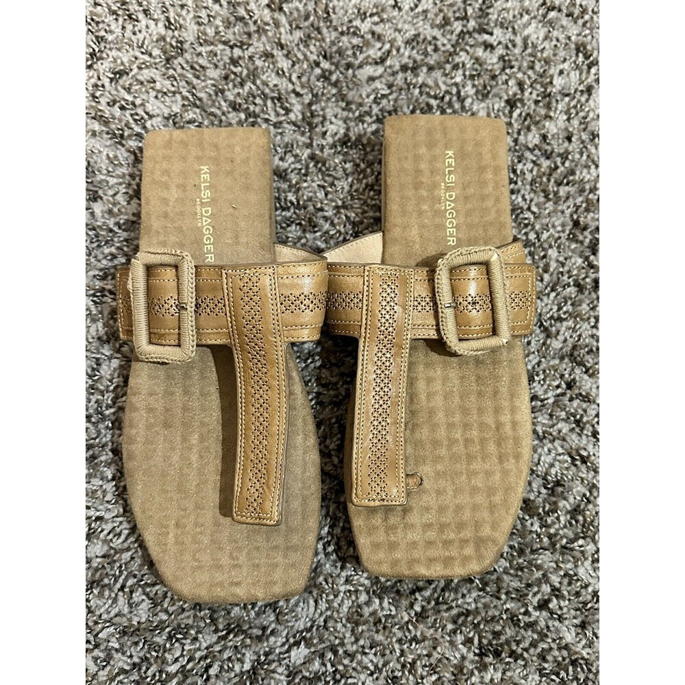 Women’s Kelsi Dagger Designer Brooklyn Tan Square Block Flip Flop Sandals Size 7